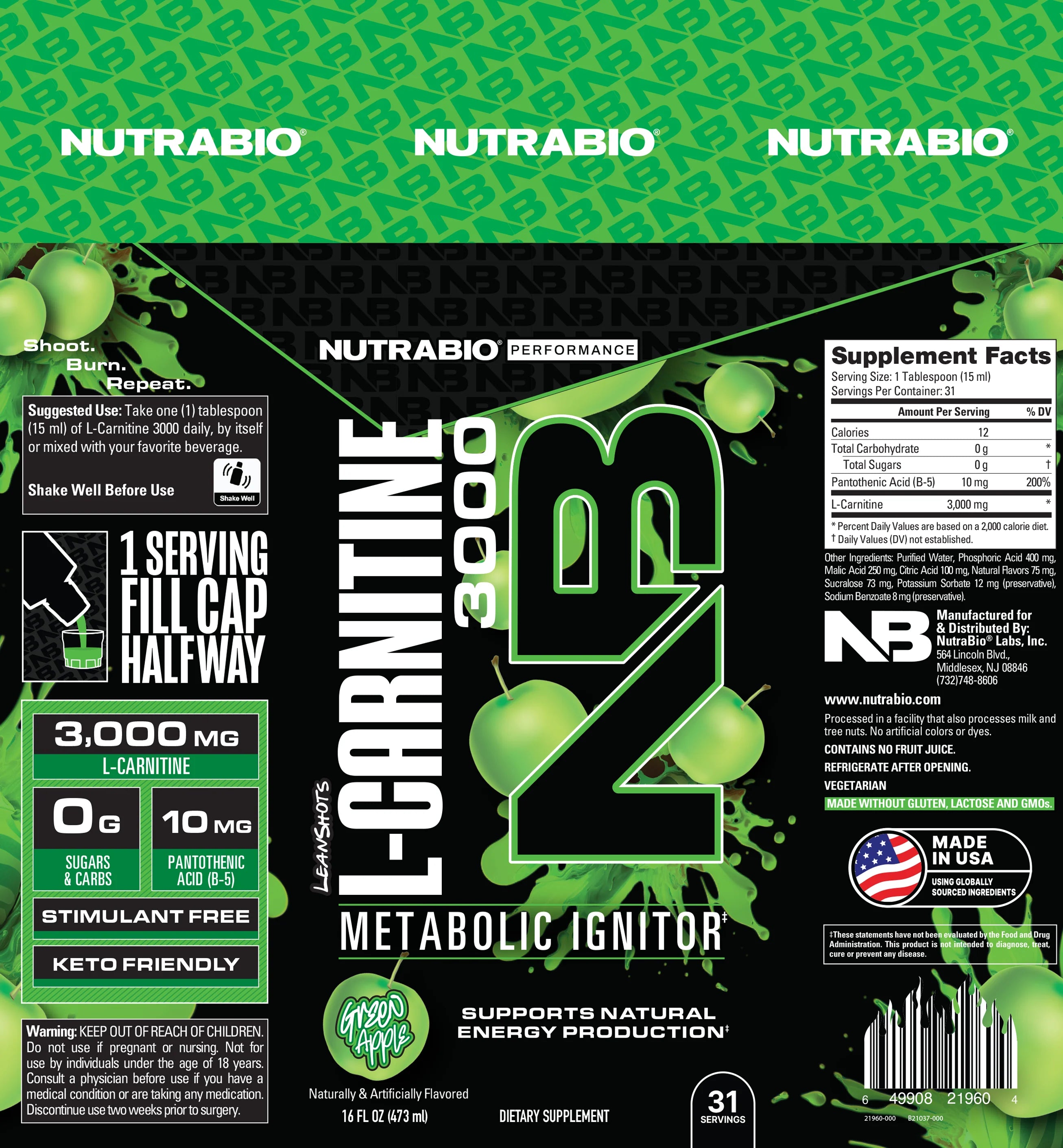 NutraBio | Leanshots | L-Carnitine 3000