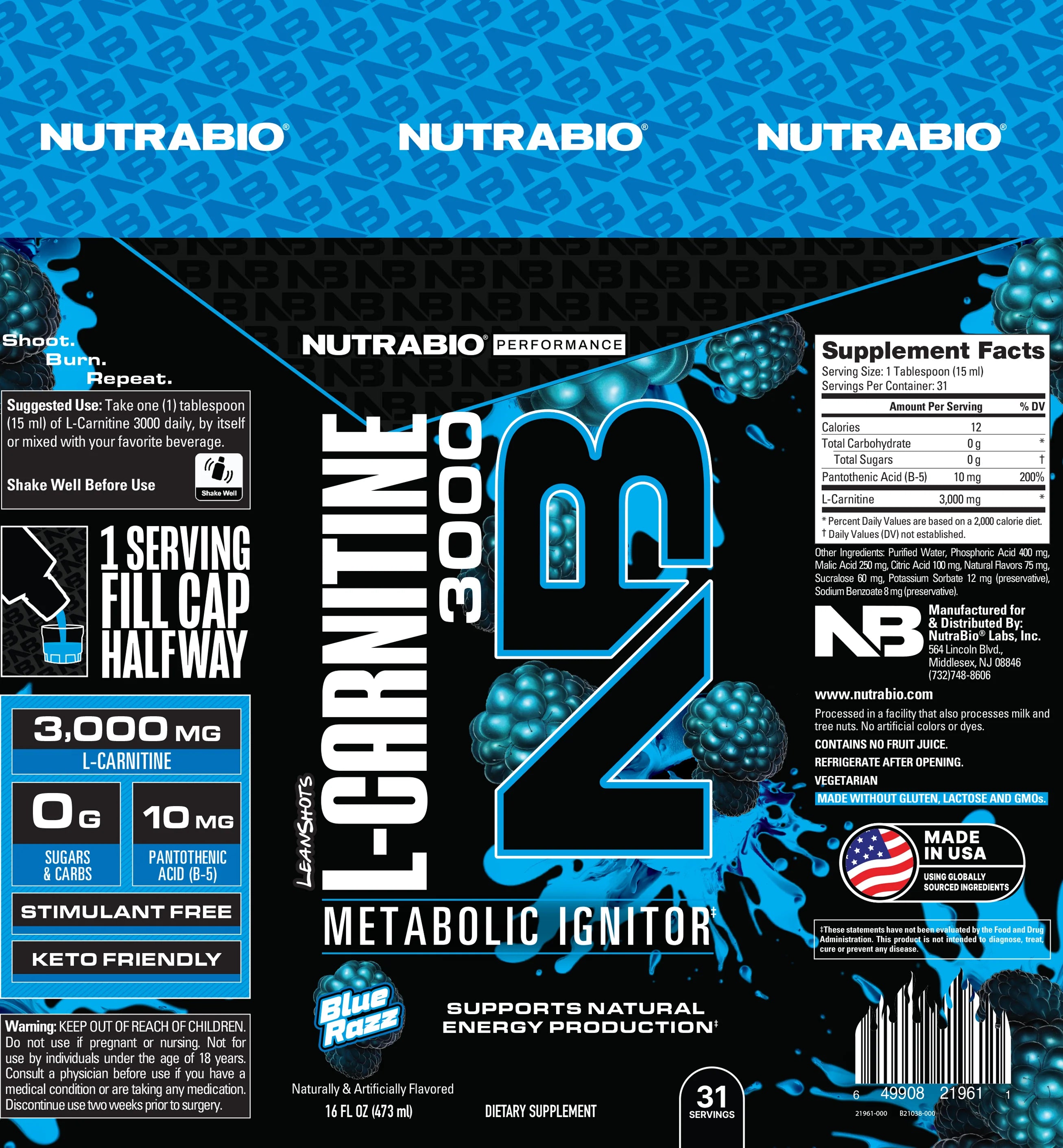 NutraBio | Leanshots | L-Carnitine 3000